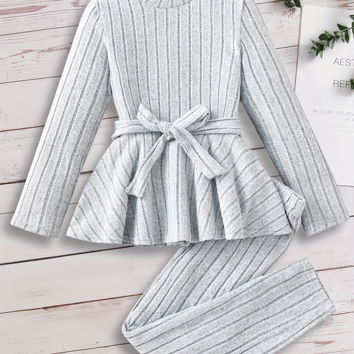 

Solid Ribbed Outfits 2pcs Girls Crew Neck Long Sleeve Belted Pullover + Pants Set Outdoor Gift