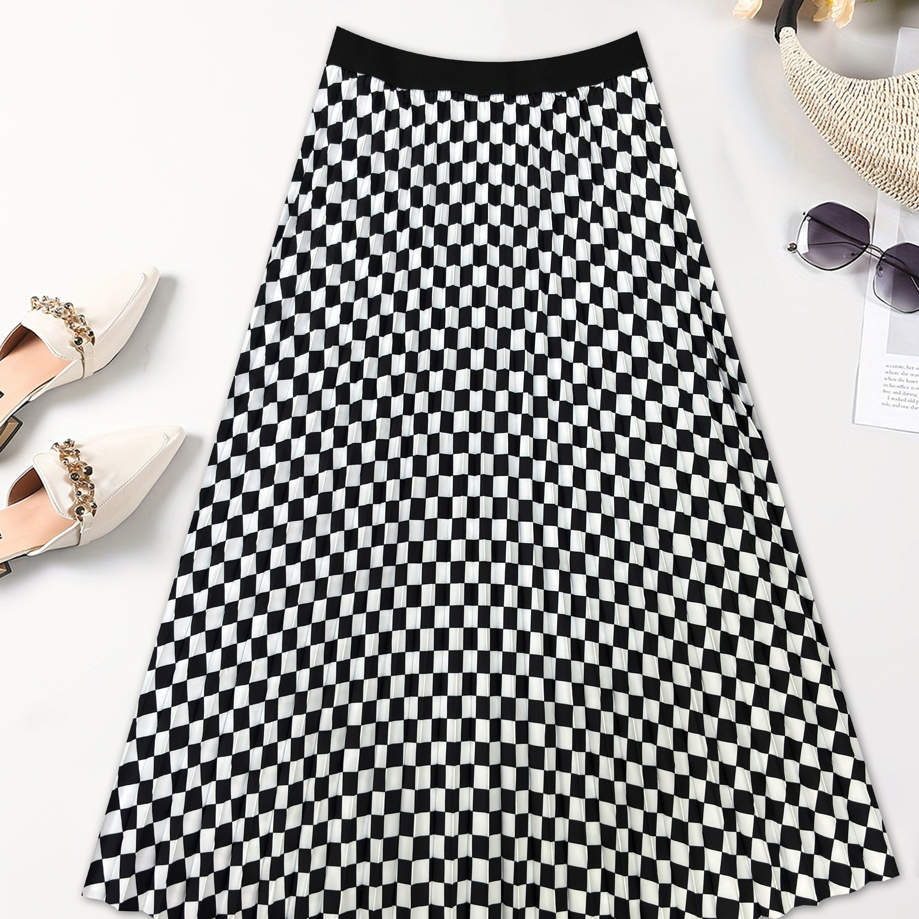

Checkerboard Print Pleated Dance Skirt, Casual Style, Perfect For Home & Streetwear Women's Activewear