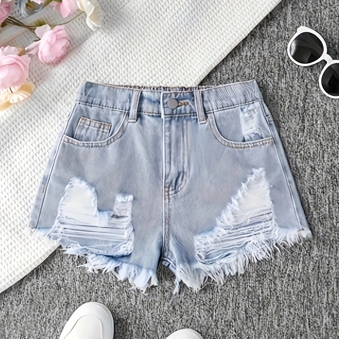 Trendy and Versatile Girls Denim Shorts with Waist Elasticity Design, Multi- location ripped with Raw Hem, Showing a Casual and Cool Sense