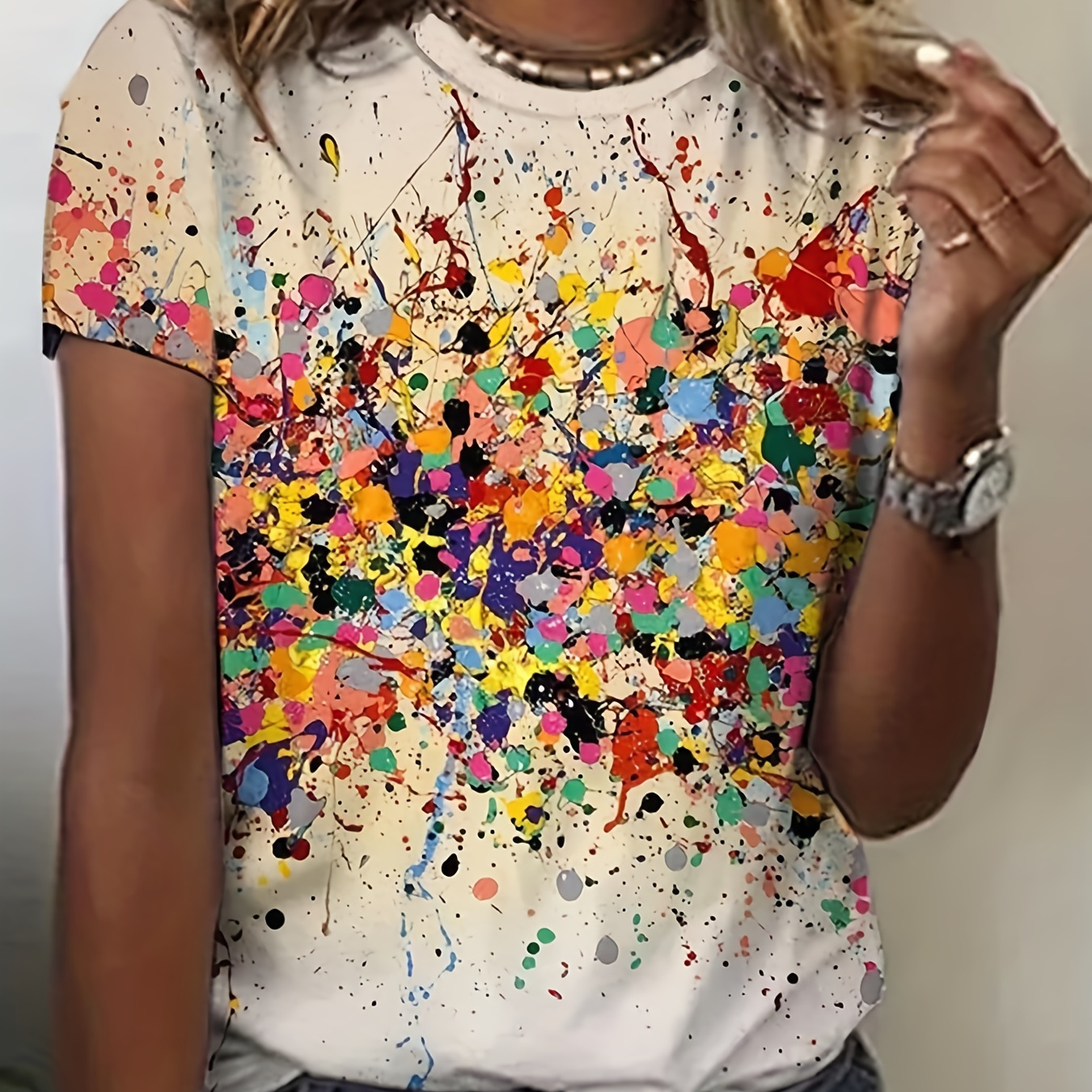 

Colorful Abstract Print Crew Neck T-shirt, Casual Short Sleeve Top For Spring & Summer, Women's Clothing