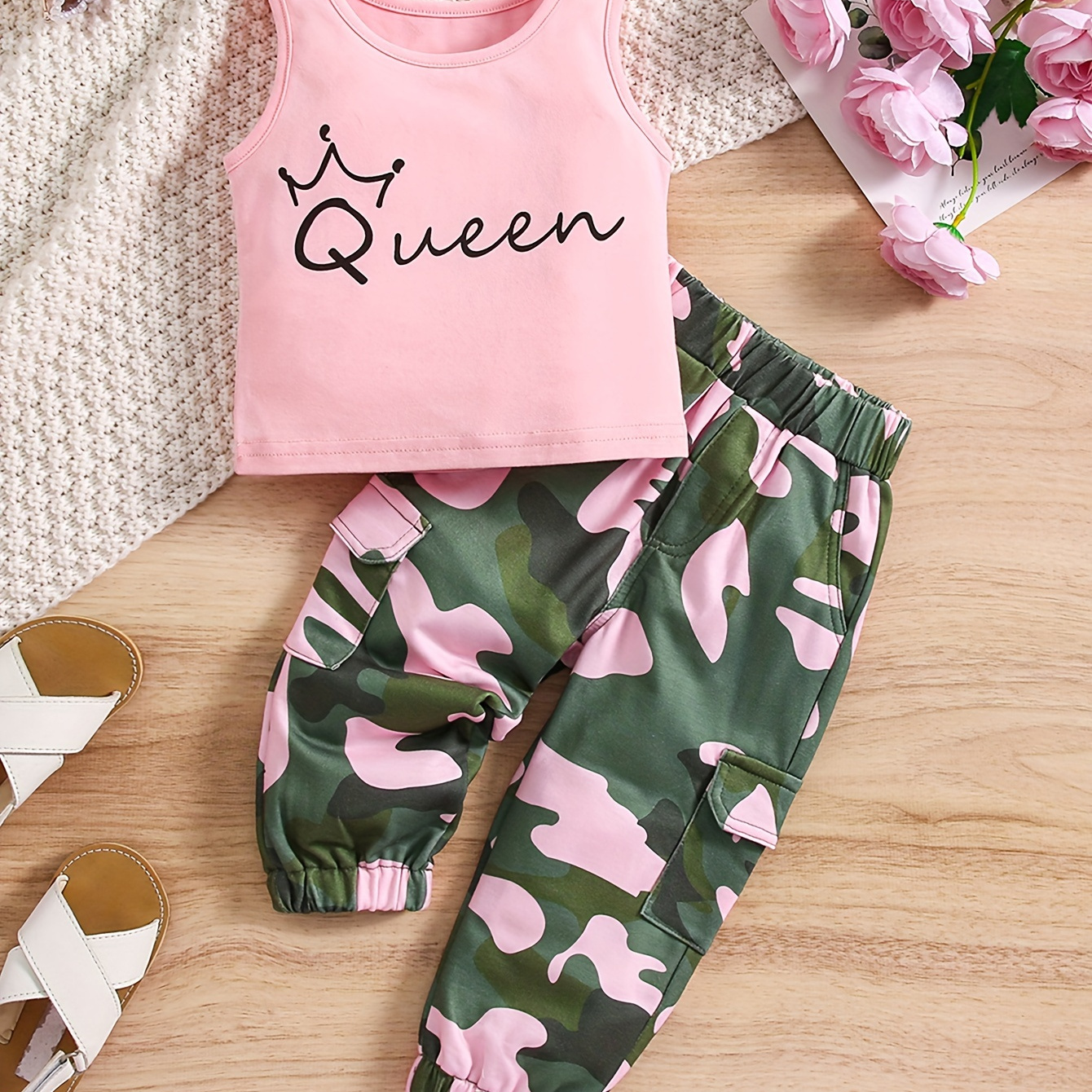 

Ensemble Tendance Pour Bébé Et Tout-petit, Imprimé "Reine", Débardeur Et Pantalon Cargo À Motif Camouflage, Vêtements Pour Fille