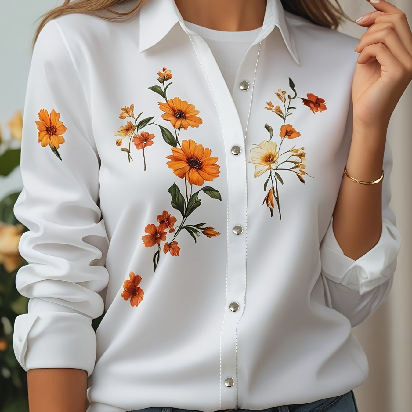 

Floral Print Button Front Blouse, Vintage Long Sleeve Blouse For Spring & Fall, Women's Clothing