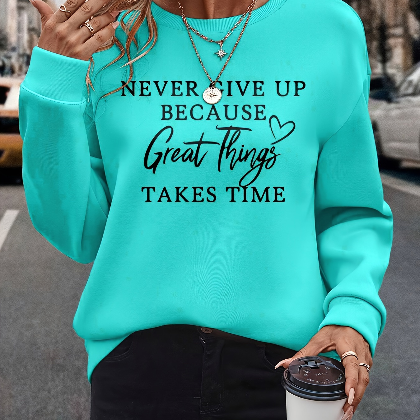 

Never Give Up Print Pullover Sweatshirt, Casual Long Sleeve Crew Neck Sweatshirt, Women's Clothing