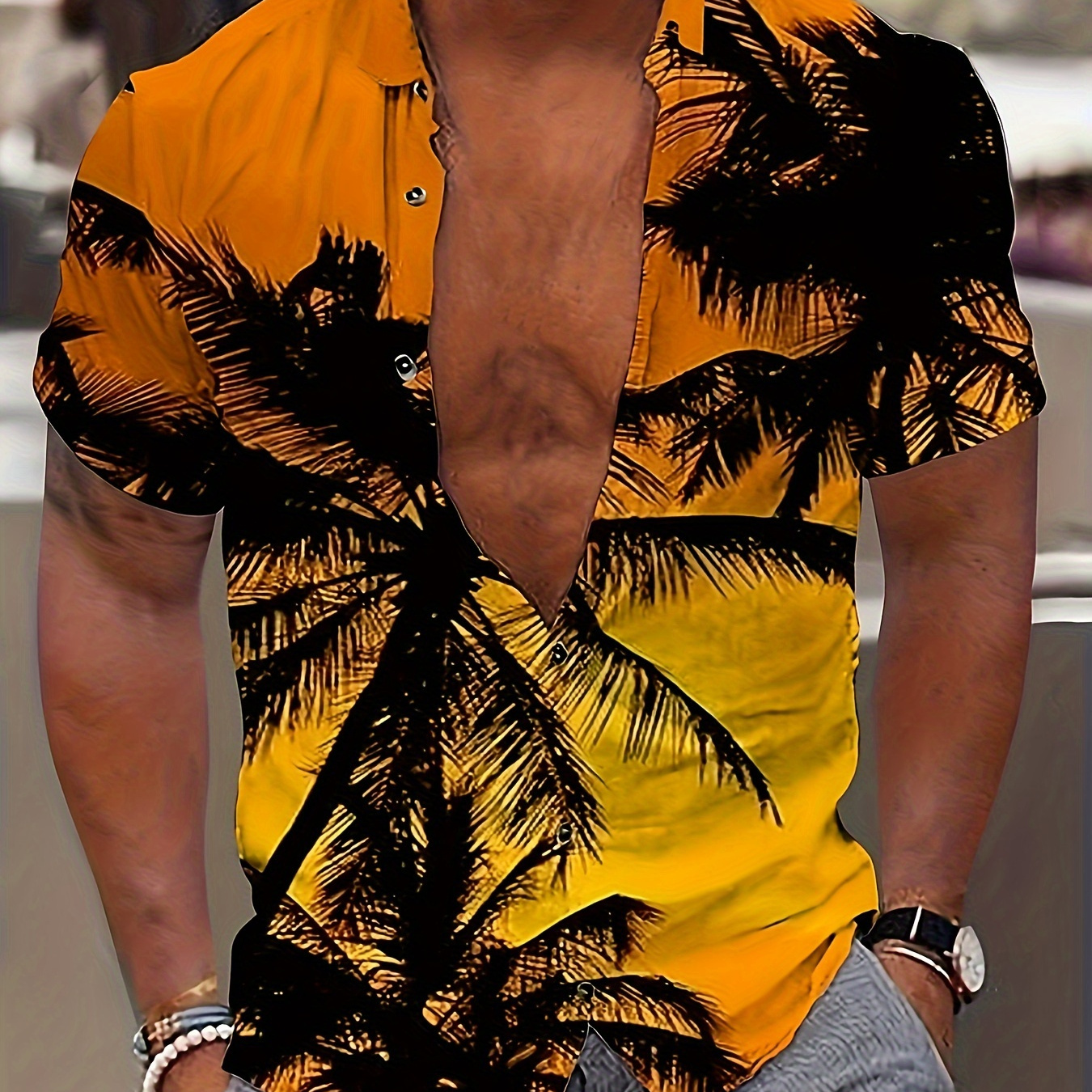 

Men's Tropical Palm Tree Pattern Shirt, Casual Lapel Slightly Stretch Breathable Button Up Short Sleeve Shirt For Outdoor Summer Beach Pool