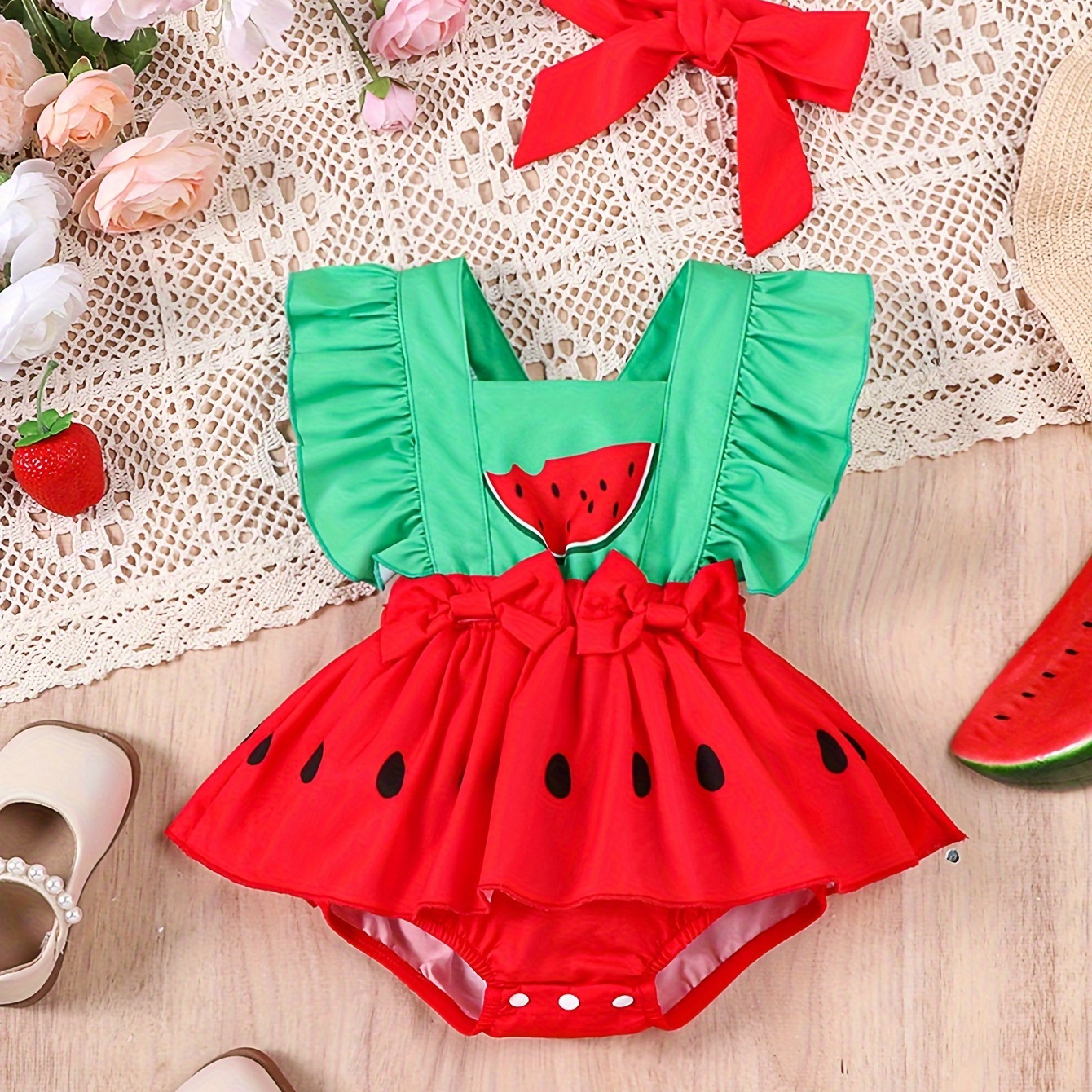 

Infant's Watermelon Themed Lovely Bodysuit & Headband, Casual Ruffle Decor Sleeveless Dress, Baby Girl's Clothing