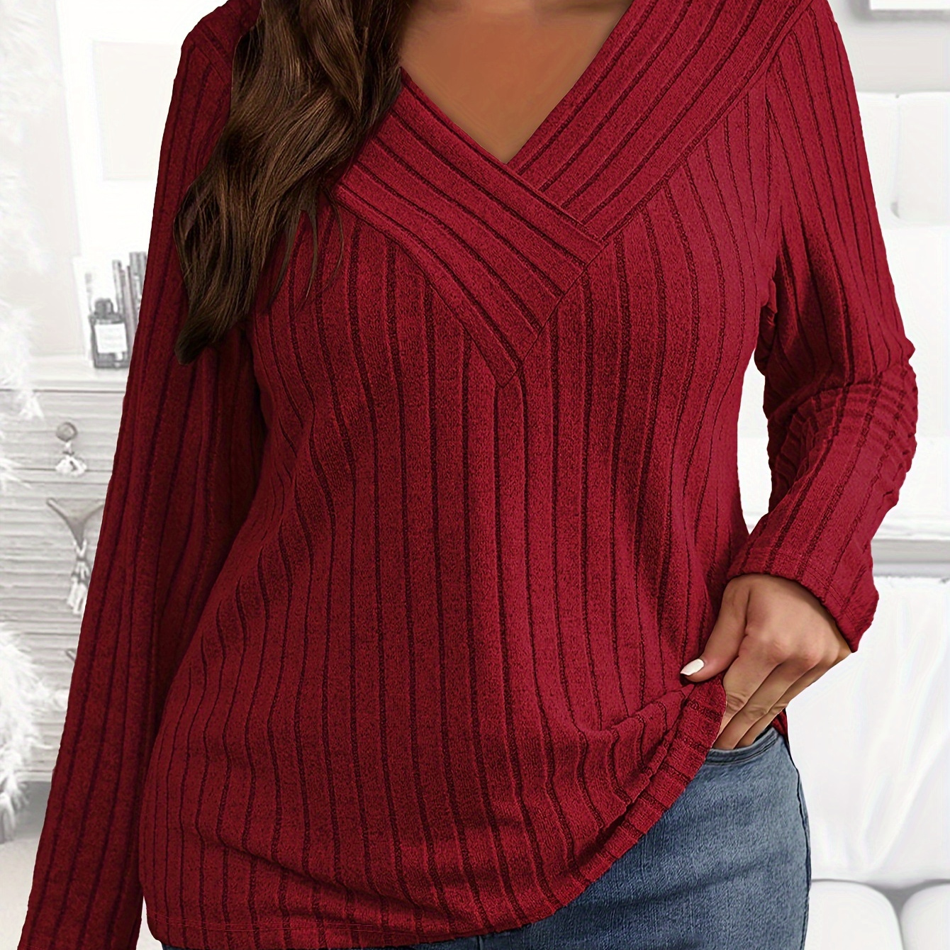 

Plus Size Solid Ribbed T-shirt, Elegant Long Sleeve V Neck Top For Spring & Fall, Women's Plus Size Clothing