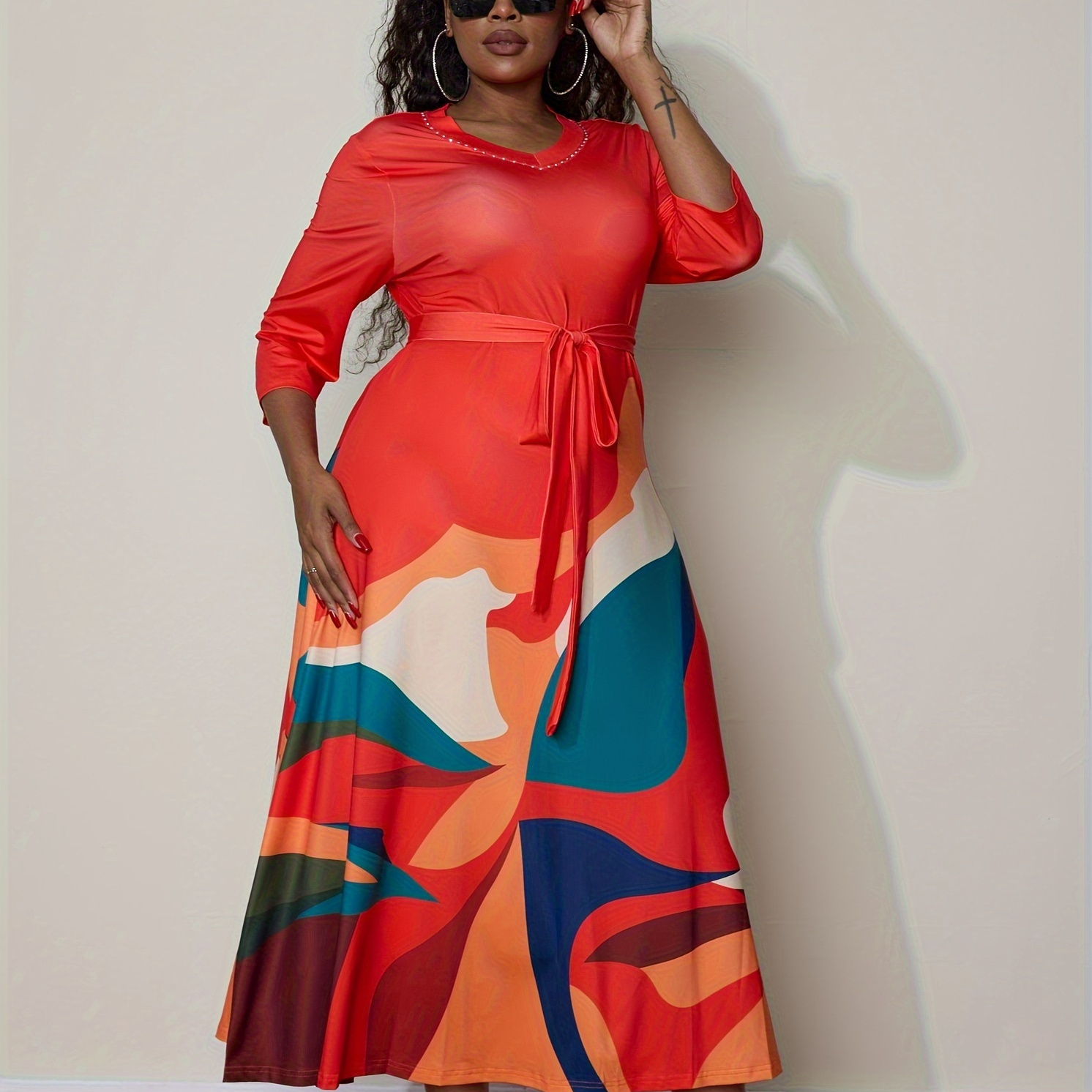 

Plus Size V- A- , Long Sleeve Tie Waist For & Fall, Women's Plus Size Clothing