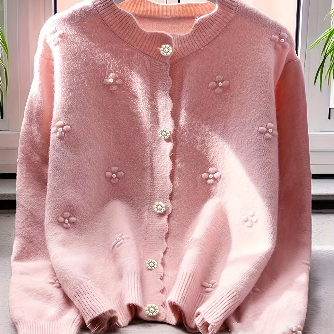 

Women's Pink Sweater, Elegant Round Neck, Embellished 3d Floral Buttons, Pink Hem, Regular Length, Polyester Knit Cardigan For Fall/winter