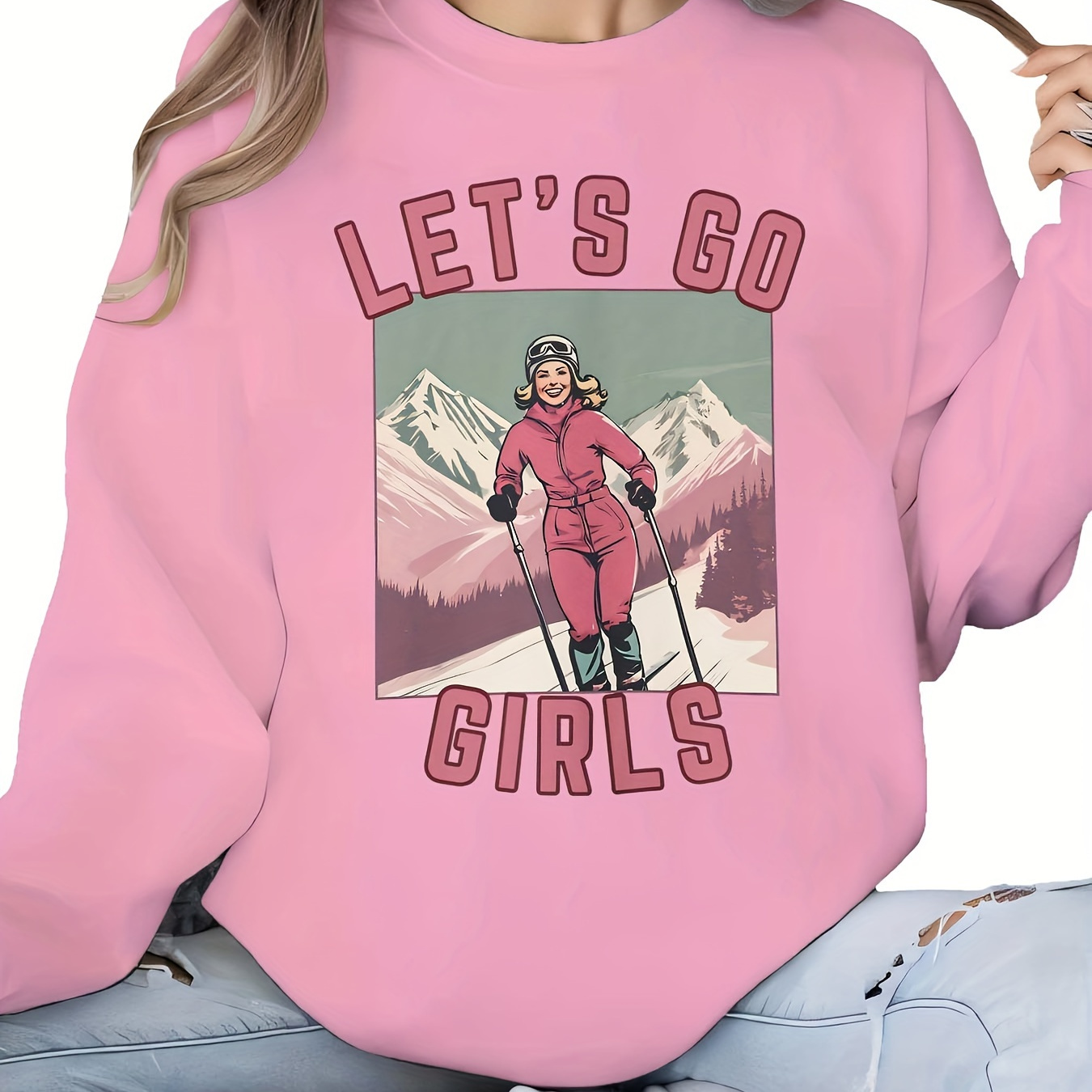 

Let' Girls" Graphic Crew Neck Sweatshirt - Cozy Polyester , Fall & Winter, Women', Letter Print, Casual