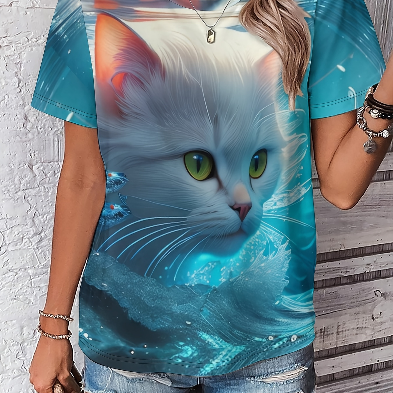 

T-Shirt pour Femme par le Y2K avec Imprimé Chat 3D - Coupe Confortable et , Col Rond, Manches Courtes, Haut Décontracté pour /Été/Automne