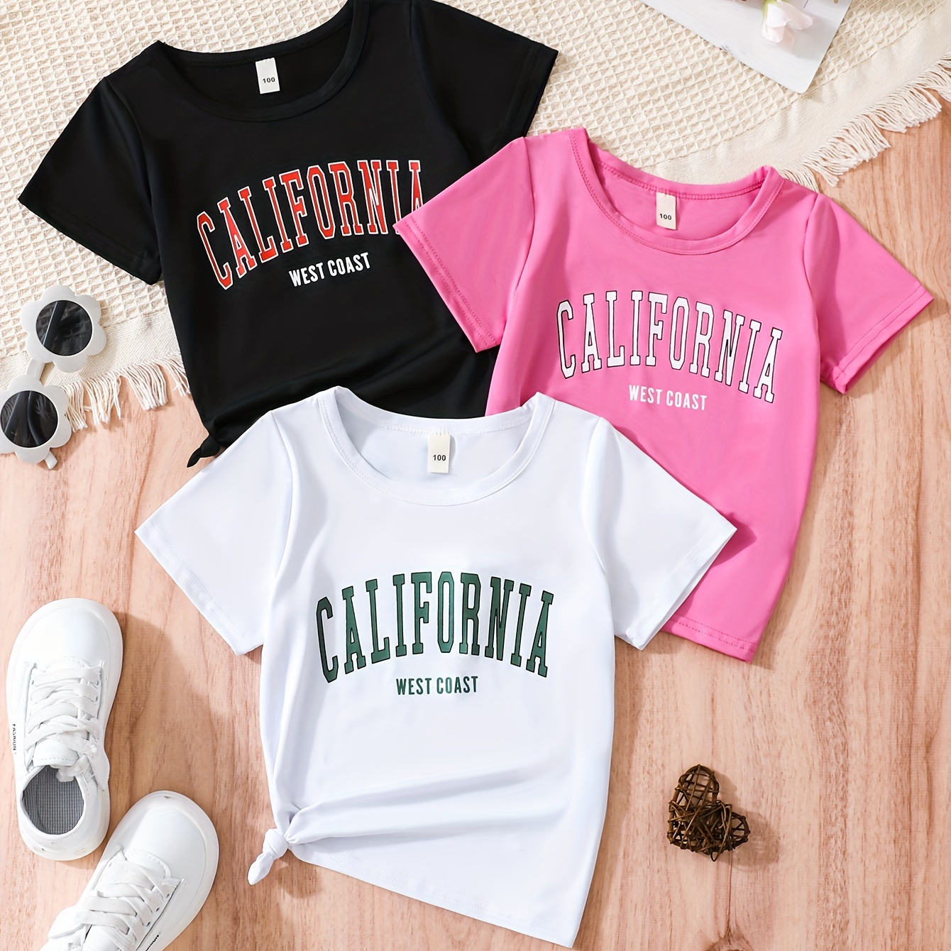 

3pcs Girls Versatile California Print Short Sleeve T-shirt Tops Set For Summer Gift Party