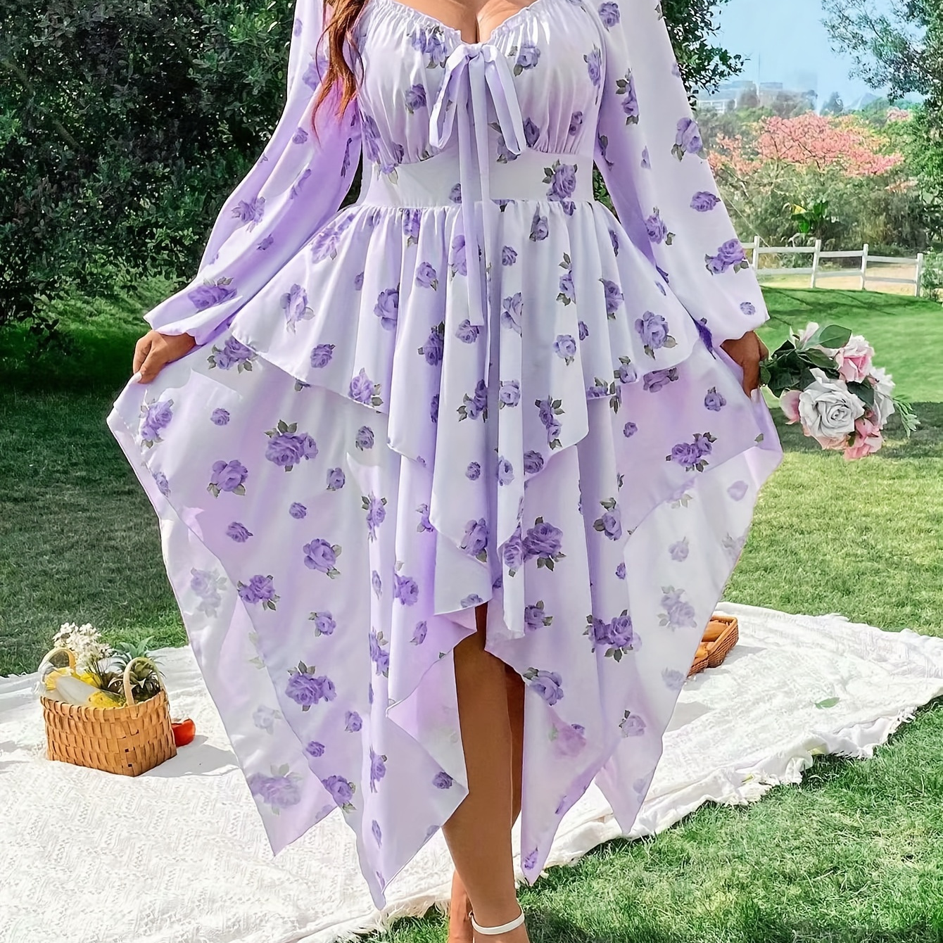 

Plus Size Floral Pattern Asymmetrical Hem Dress, Vacation Style Shirred Long Sleeve Cinched Waist Tie Neck Dress For Spring & Fall, Women's Plus Size Clothing