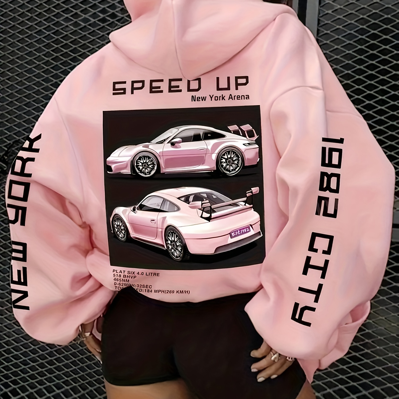 

1pc Women's Casual Polyester Hoodie With Car & Alphabet Graphics, Knit Fabric Hooded Sweatshirt For All , 100% Polyester