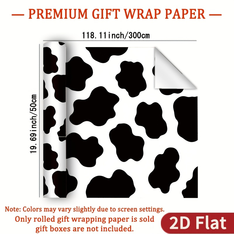 TEMU 1 Roll 2d Flat Cow Print Illustration Packaging Paper Gift Glossy Wrapping Paper - White Background Flat Print Pattern, 118.11 X 19.69 Inches,
