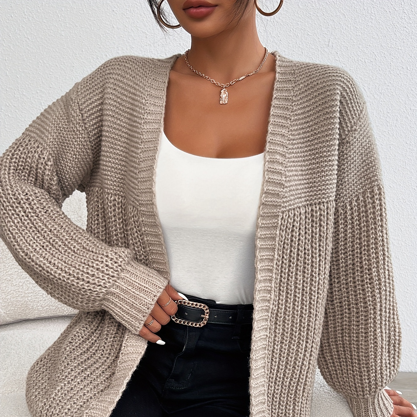 

Solid Color Open Front Cardigan, Casual Drop Shoulder Long Lantern Sleeve Cardigan For Spring & Fall, Women's Clothing