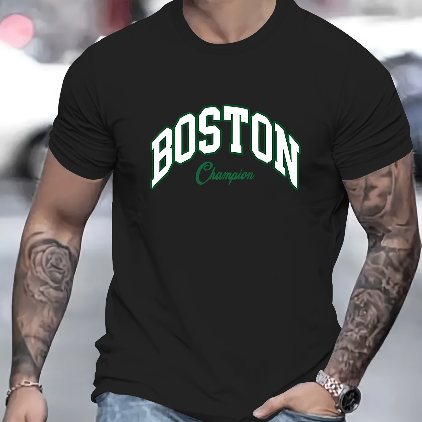

Boston Alphabet Print Crew Neck Short Sleeve T-shirt For Men, Casual Summer T-shirt For Daily Wear And Vacation Resorts