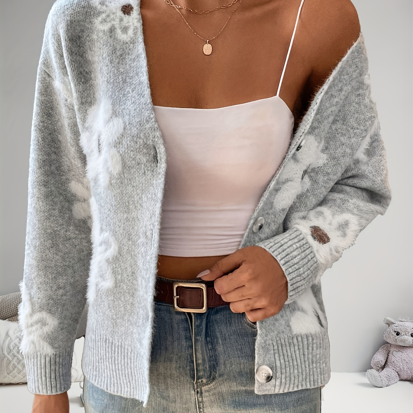 

Floral Pattern Button Front Knit Cardigan, Elegant V Neck Long Sleeve Sweater, Women's Clothing