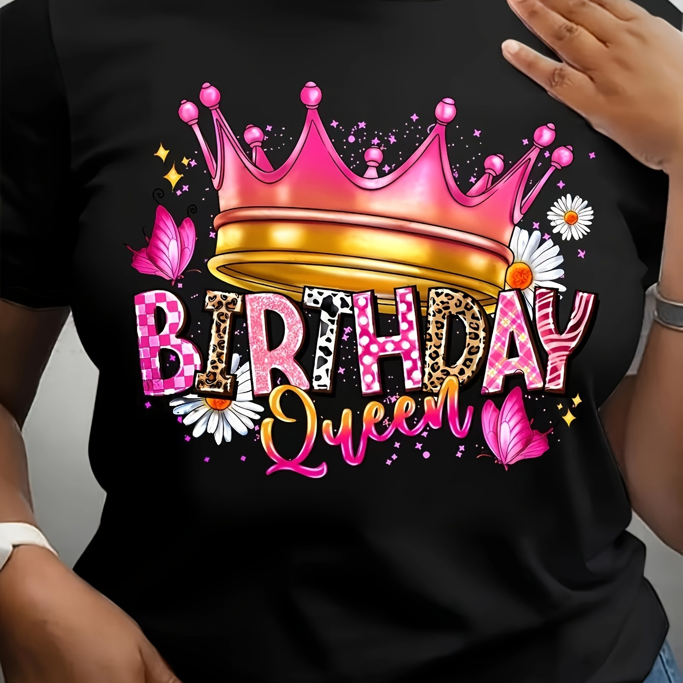 

Birthday Print Crew Neck T-shirt, Casual Short Sleeve Top For Spring & Summer, Women's Clothing