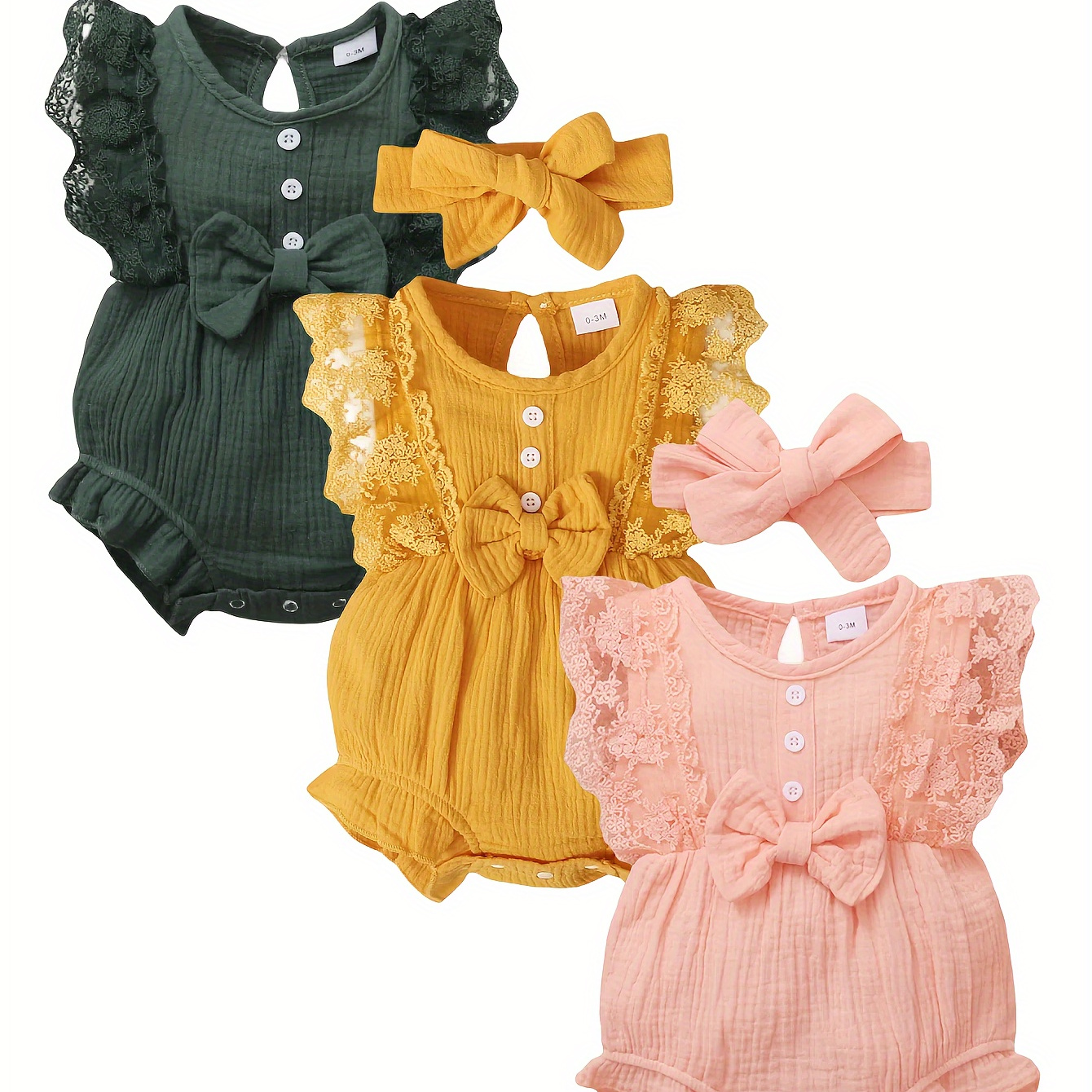 

3pcs Body en mousseline de coton confortable avec décor en dentelle pour bébé, barboteuse à manches courtes de couleur unie, vêtements pour bébé fille