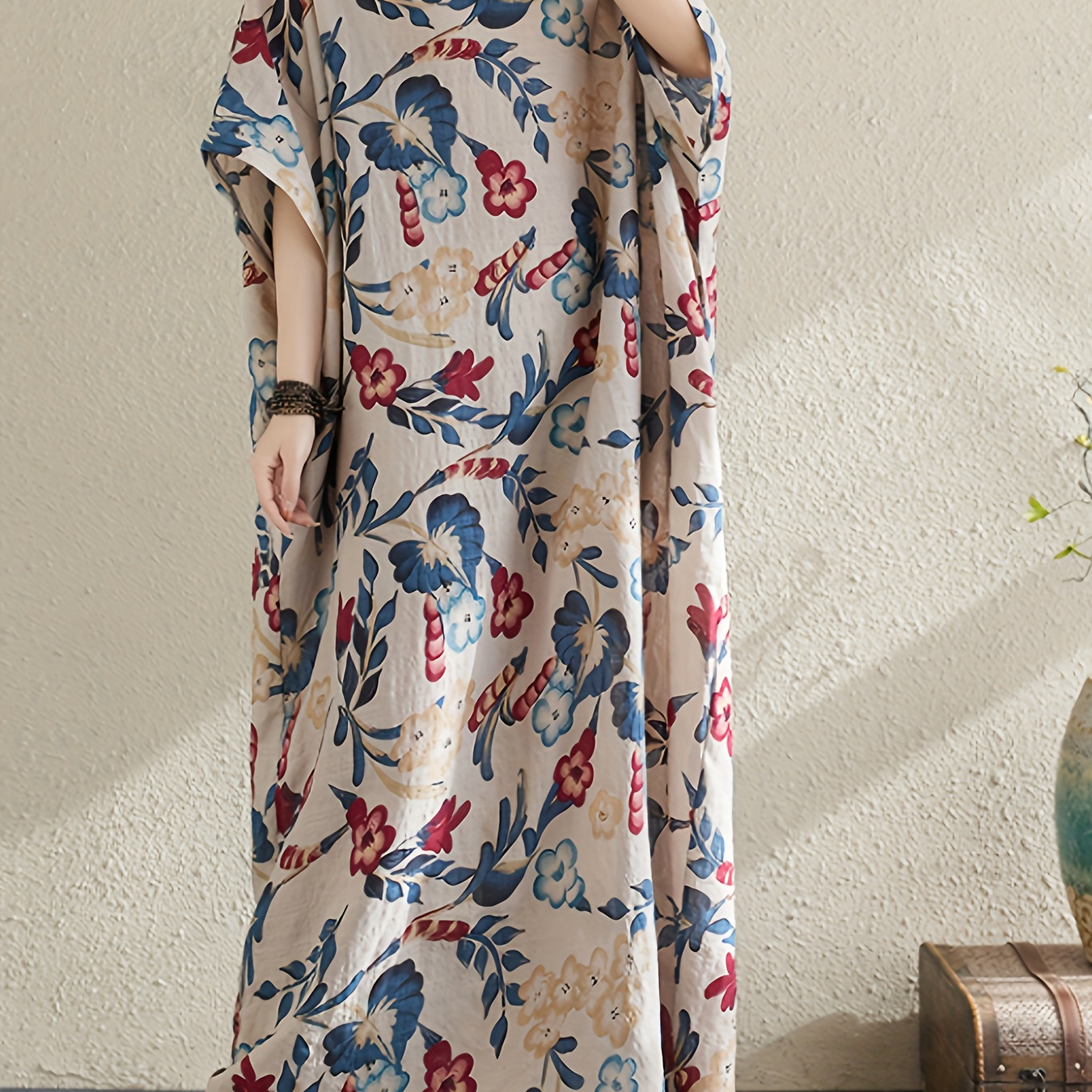 

Women's Boho Cover Up, Plus Size Plant Graphic V Neck Loose Fit Beach Kaftan Dress