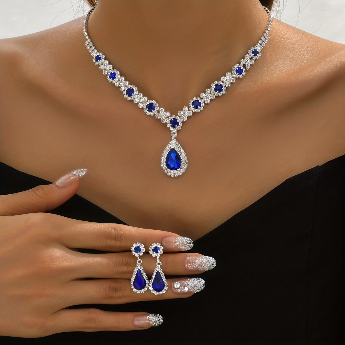 

Wedding Bridal Jewelry Set With Pendant Necklace & Dangle Earrings Inlaid Synthetic Gems Shiny Jewelry Set