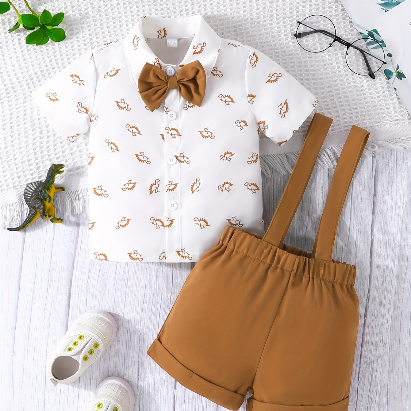 

2pcs Infant & Toddler's Casual Gentleman Outfit, Dinosaur Pattern Short Sleeve Shirt & Overall Shorts, Baby Boy's Clothes