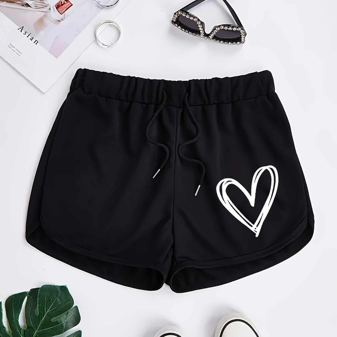 

Heart Print Drawstring Shorts, Casual Elastic Waist Shorts For Spring & Summer, Women's Clothing