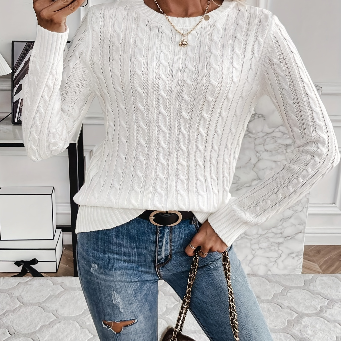 

Cable Knit Ribbed Long Sleeve Sweater, Casual Solid Color Crew Neck Sweater For Winter & Fall, Women's Clothing