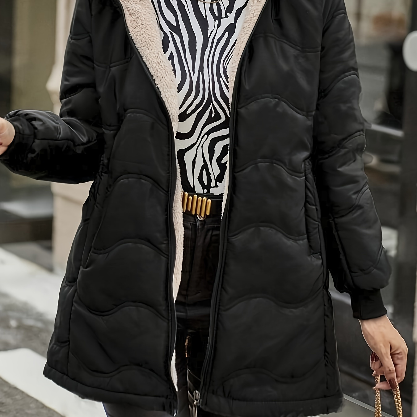 

Manteau à capuche à manches longues avec fermeture éclair, manteau matelassé décontracté de couleur unie à deux poches pour l'hiver, vêtements pour femmes