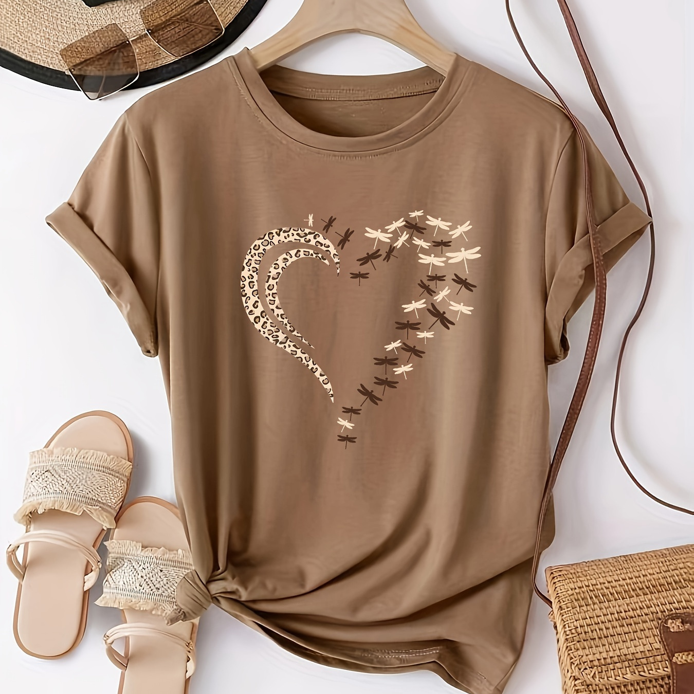 

Heart Neck T-shirt, Casual Short Sleeve Top For , Women's Clothing