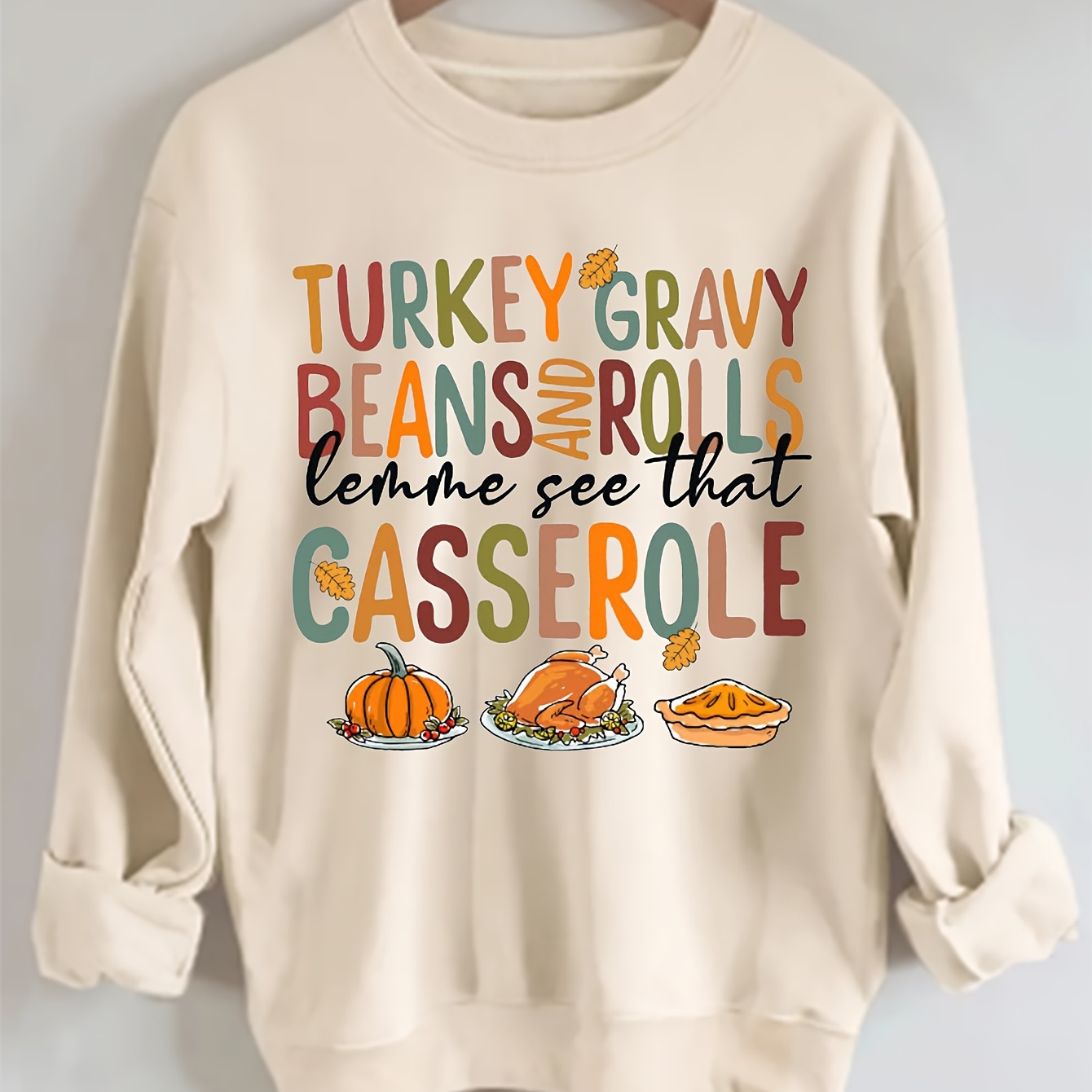 

Thanksgiving Themed Fashion Sweatshirt For Women - Polyester Casual Crew Neck With Turkey And Casserole Print, Knit Fabric, Seasonal Plants Pattern - Pullover