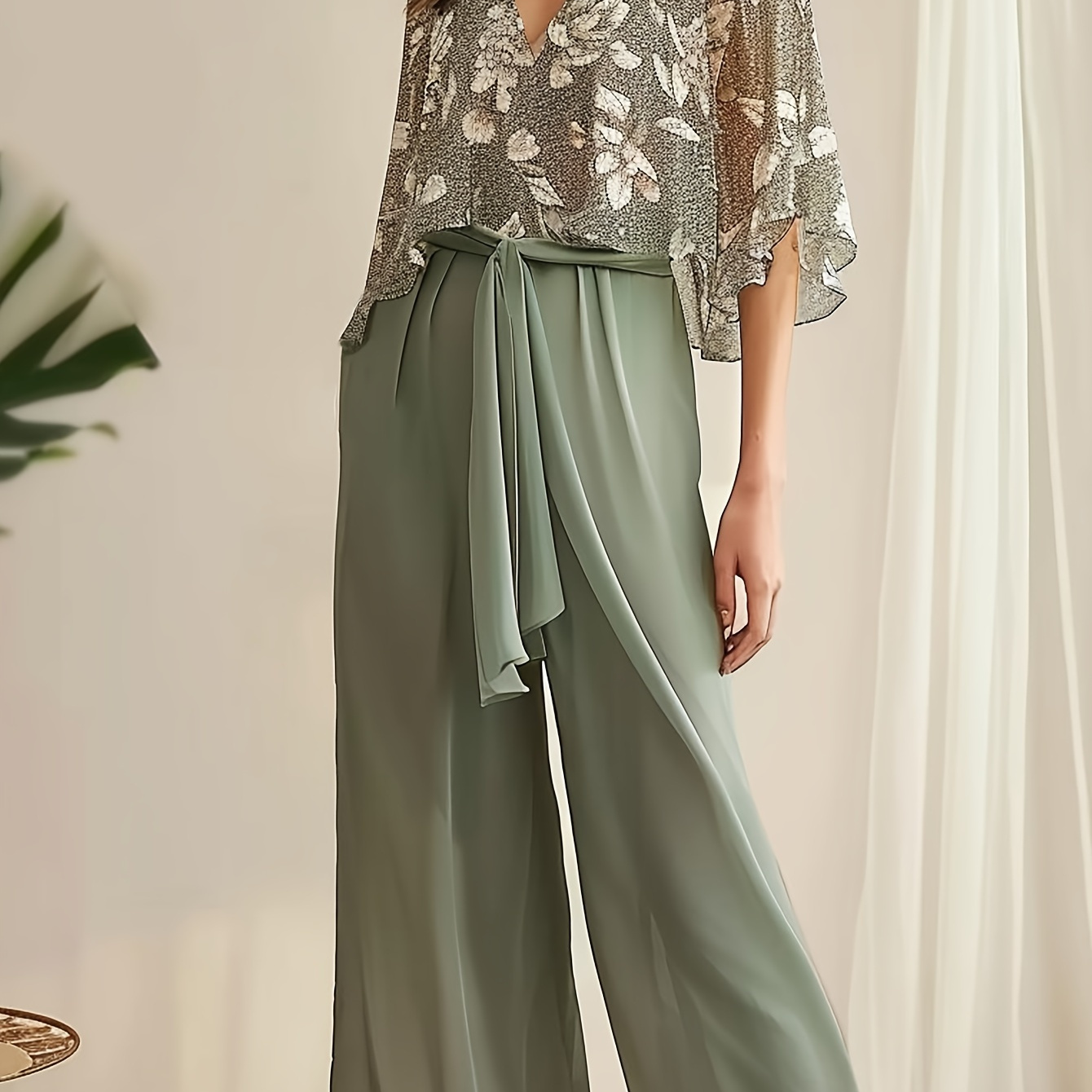 

Plant Print Stylish Pantsuits, Three-quarter Sleeve V Neck Blouse & Belted Wide Leg Pants Outfits, Women's Clothing