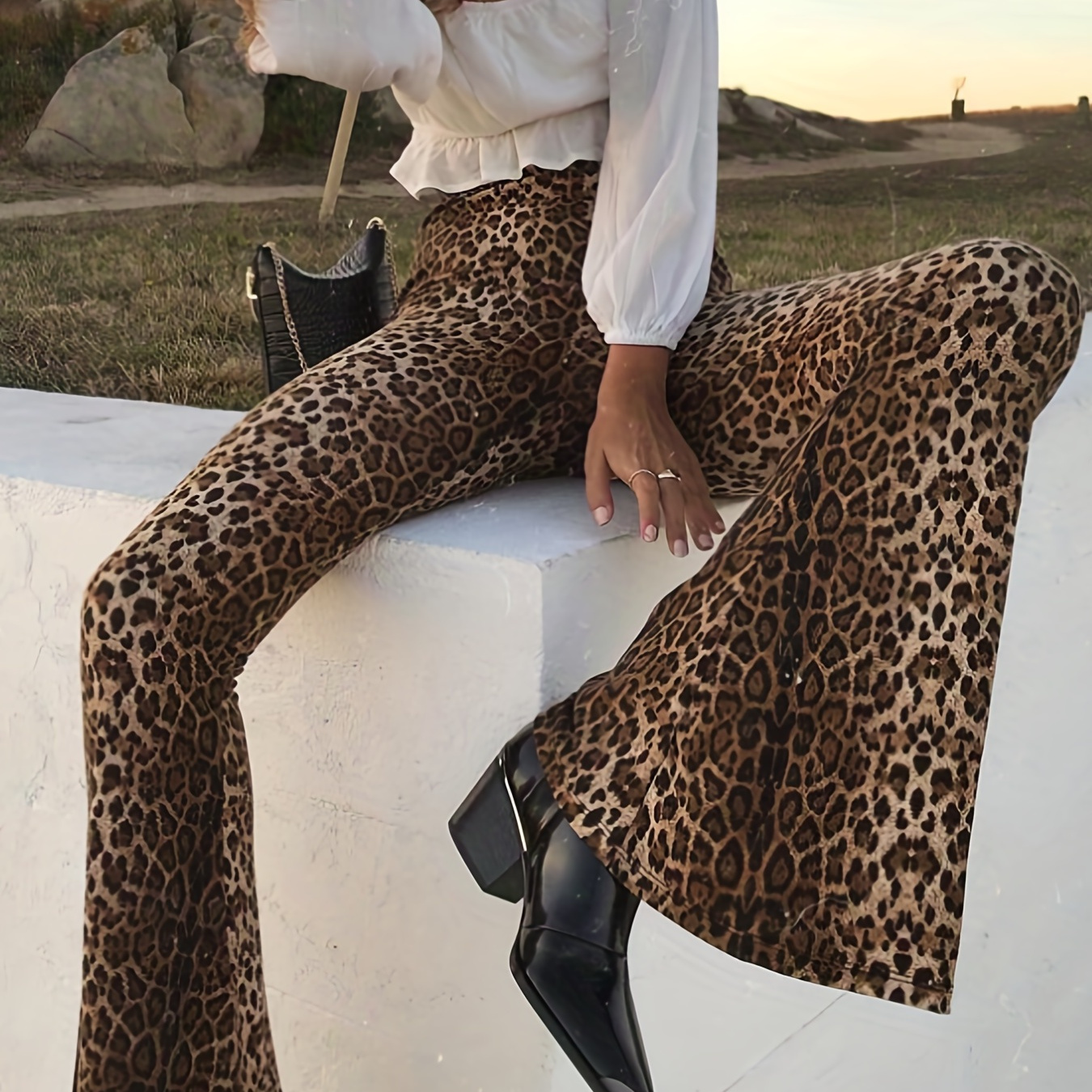 Leopard Print Wide Leg Pants Vintage Belted Paper Bag Waist - Temu