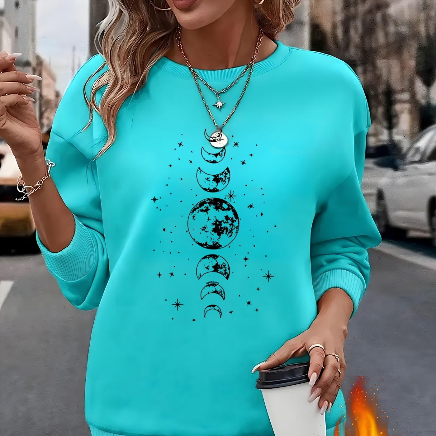 

Sweat-shirt élégant à col rond et manches longues pour femmes avec motif et d'étoiles de dessin , % de polyester, confort toutes - Turquoise