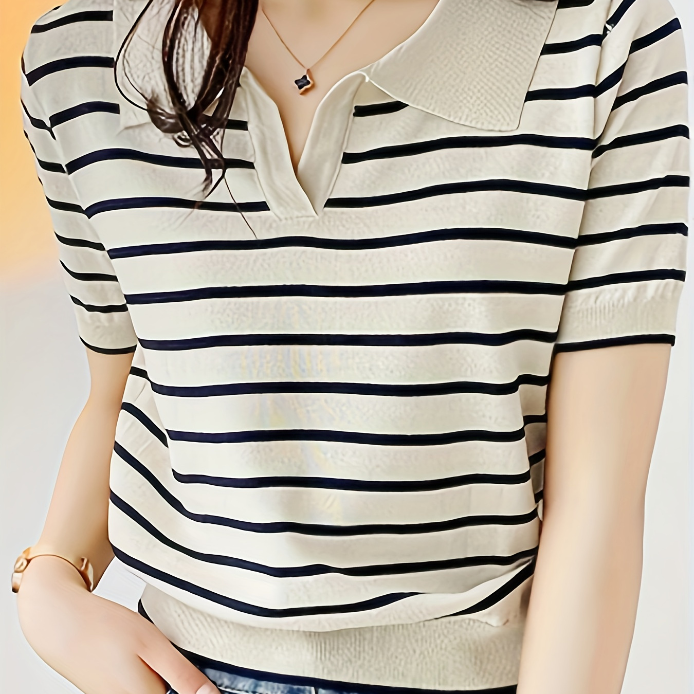 

Stripes Pattern Collared Pullover Sweater, Casual Short Sleeve Color Block Knitted Sweater For Spring & Summer, Women's Clothing