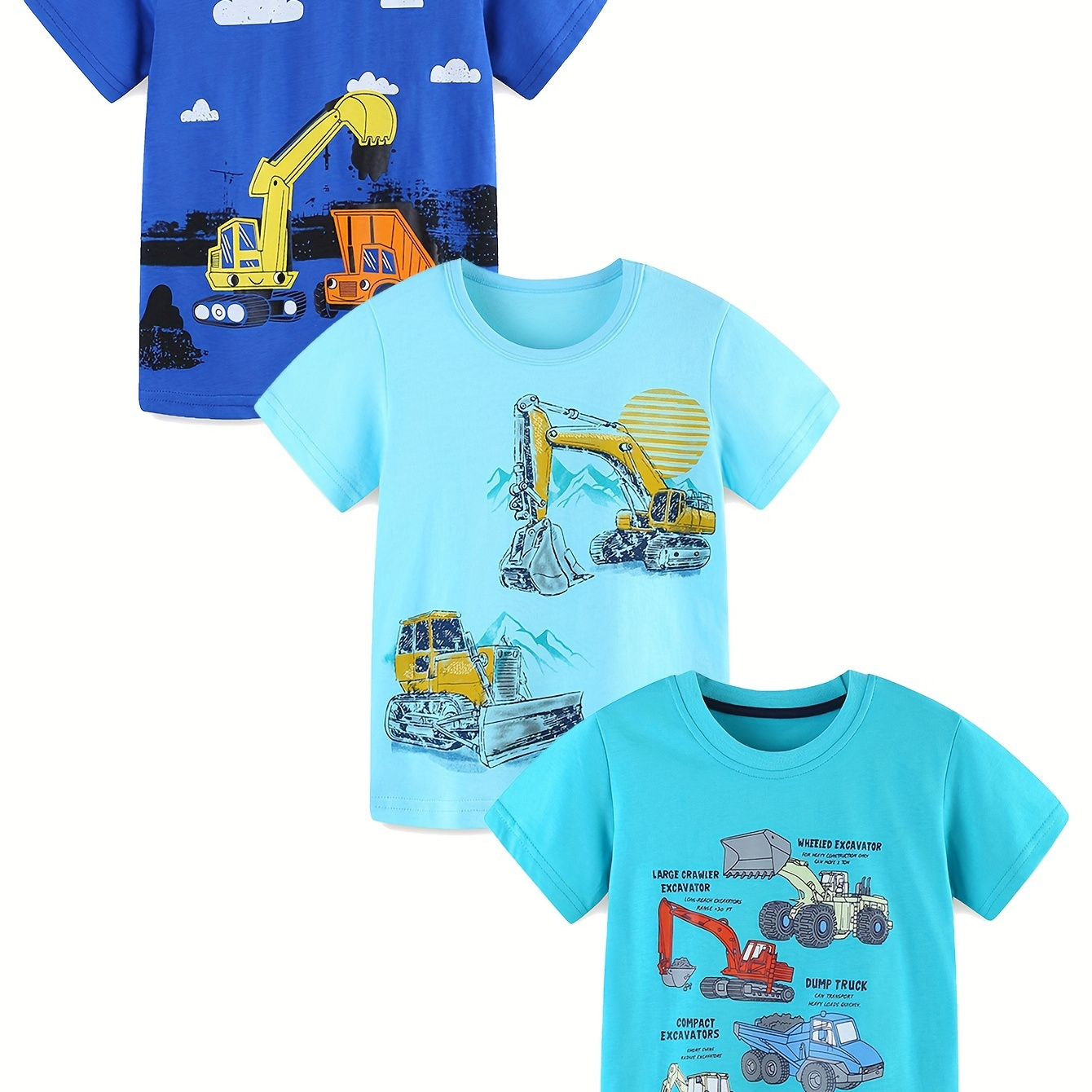 

3pcs Cartoon Construction Cars Print T-shirt, Tees For Boys, Casual Short Sleeve T-shirt For Fall, Tops As Gifts