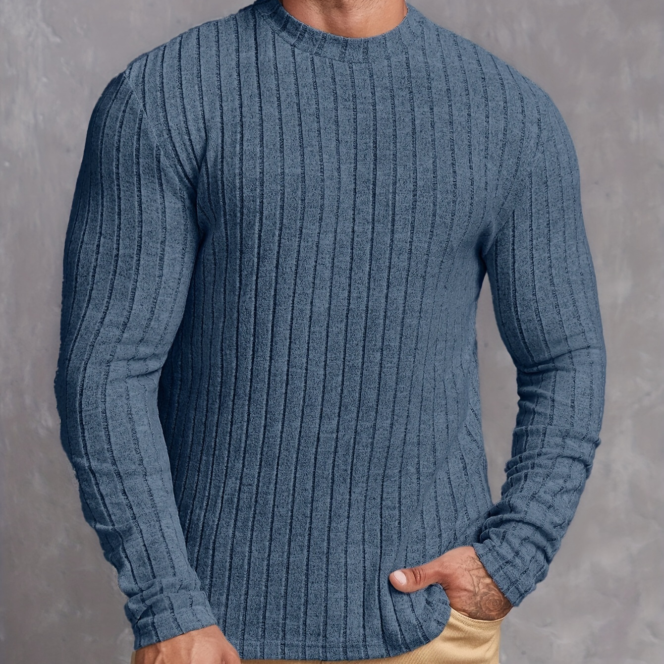 

Ribbed Men's Long Sleeve High Stretch Slim Fit Knitted Round Neck T-shirt For Spring Fall, Men's Pullover Top