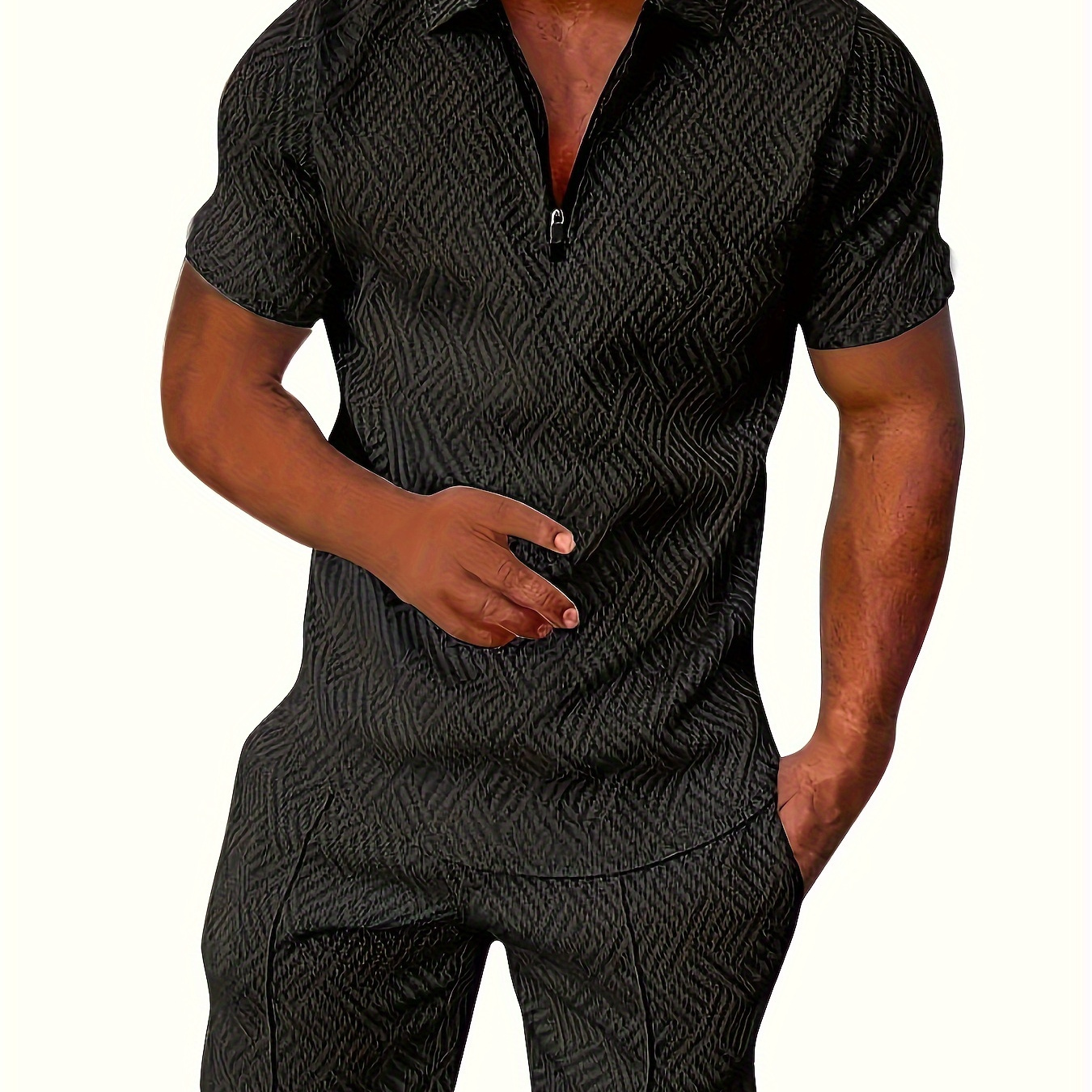 

Men's Outfit, Geometric Print Short Sleeve Half Zipper Lapel Shirt & Drawstring Shorts 2-piece Set For Outdoor