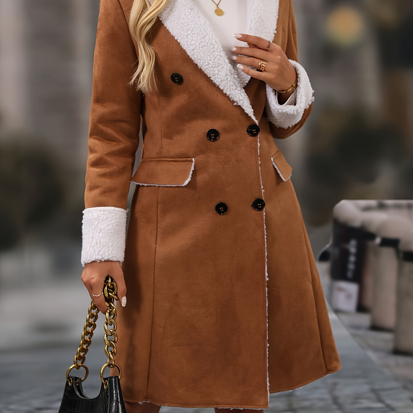 

Elegant Double-breasted Fleece-lined Coat With Solid , Polyester Fabric, Fall/winter Collection - Women's Classic Tailored Collar Overcoat With Button