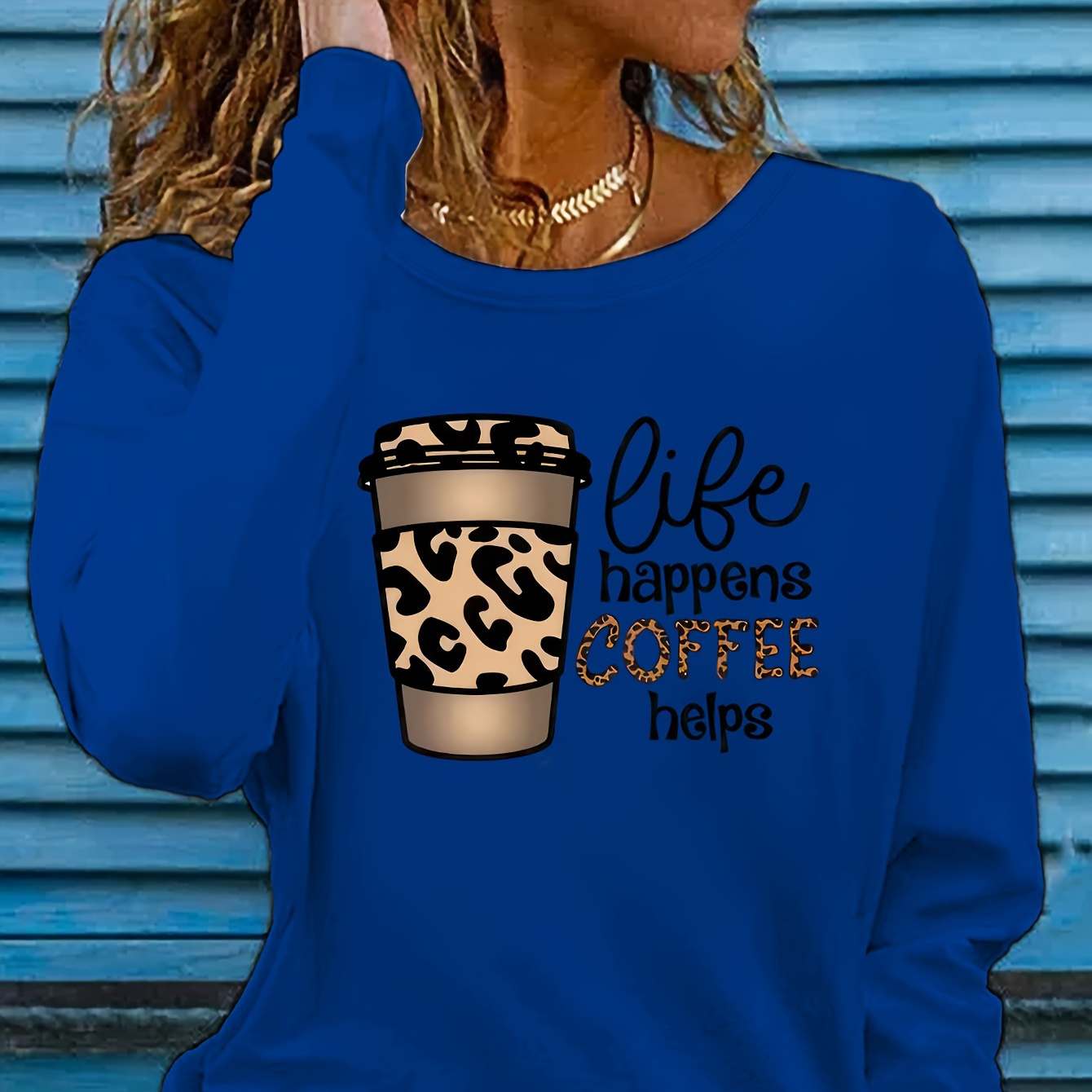 

Women's Casual Long Sleeve T-shirt With Leopard Print Coffee Cup And " Coffee Helps" Lettering, Polyester Knit Fabric, Fitted, Round Neck, Regular Fit, All-season