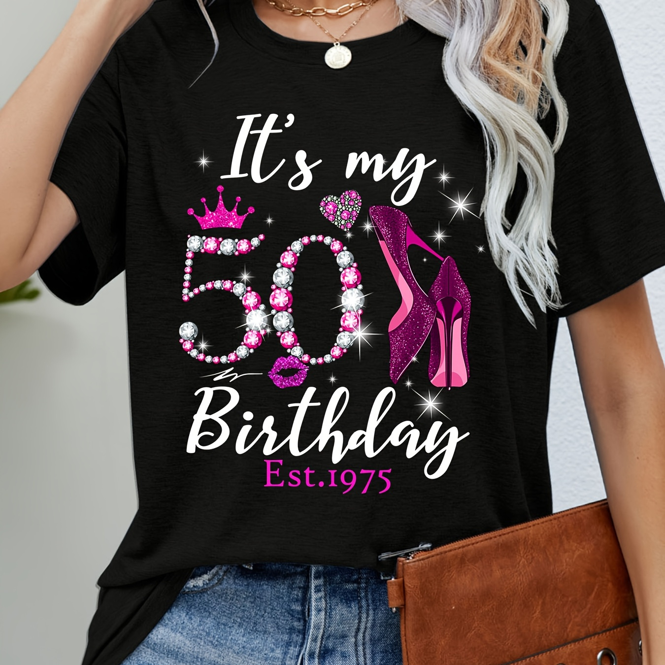 

Womens My 50th Birthday Est 1975 Print T-shirt, Short Sleeve Crew Neck Casual Top For Summer & Spring, Women's Clothing