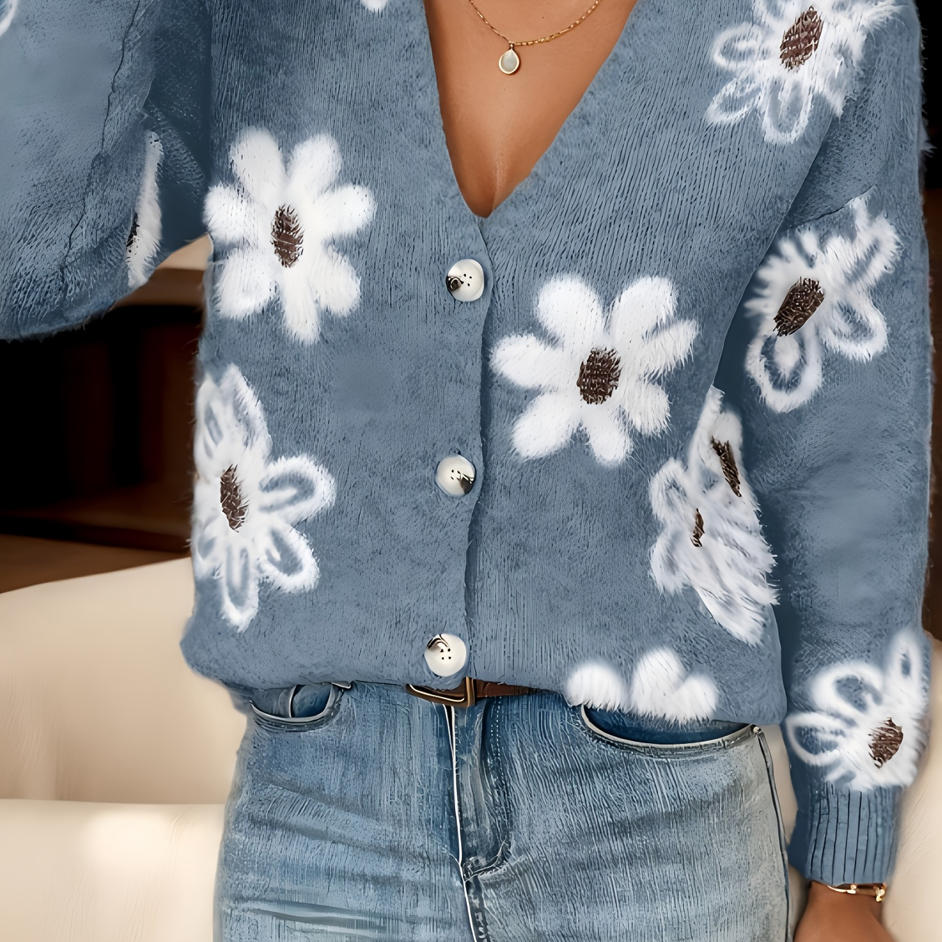 

Floral Pattern Button Front Cardigan, Casual V Neck Long Sleeve Cardigan For Fall & Winter, Women's Clothing