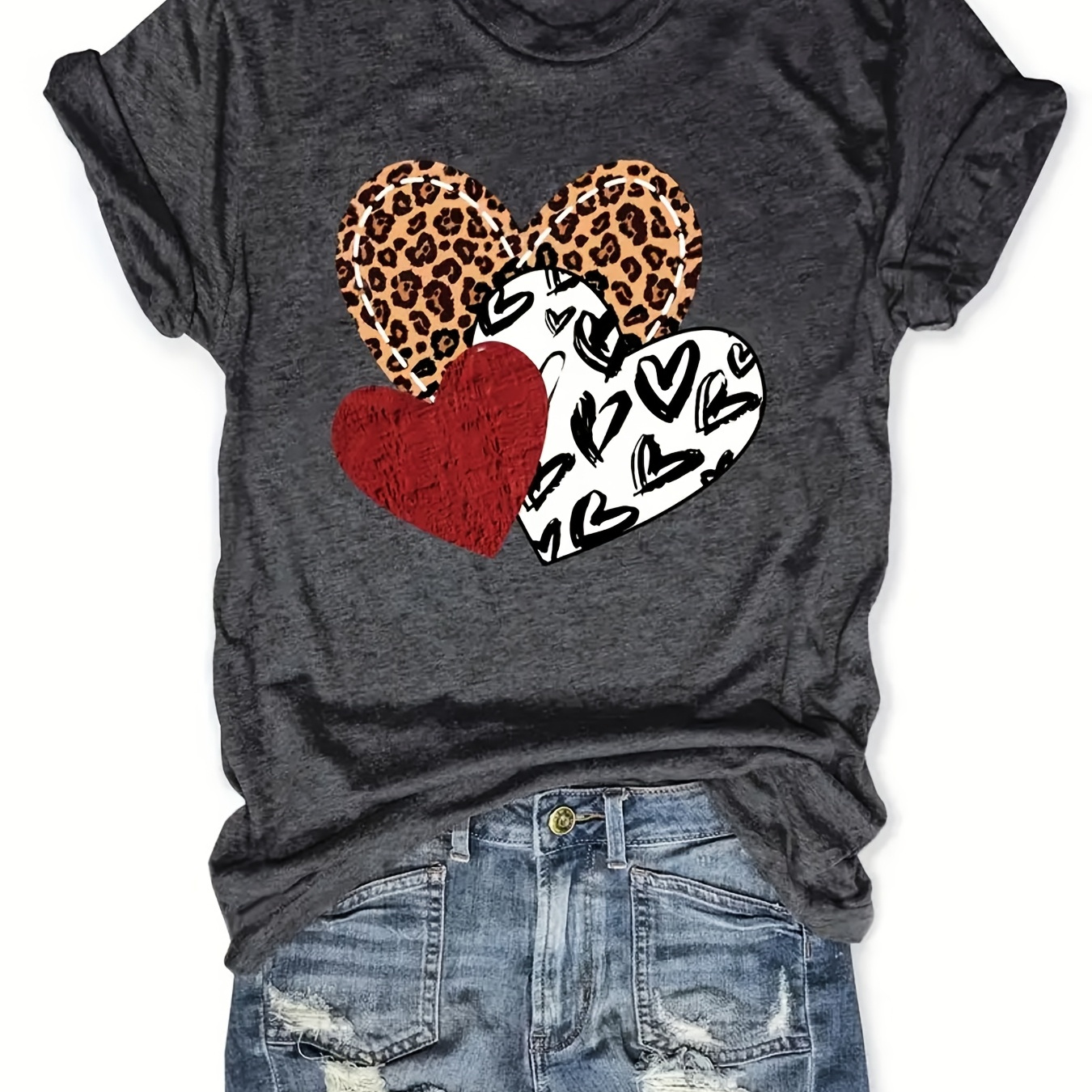 

Leopard Heart Print Womens T-shirt - Fashionable Crew Neck, Lightweight Short Sleeves, Style - A Trendy Casual Top For Your