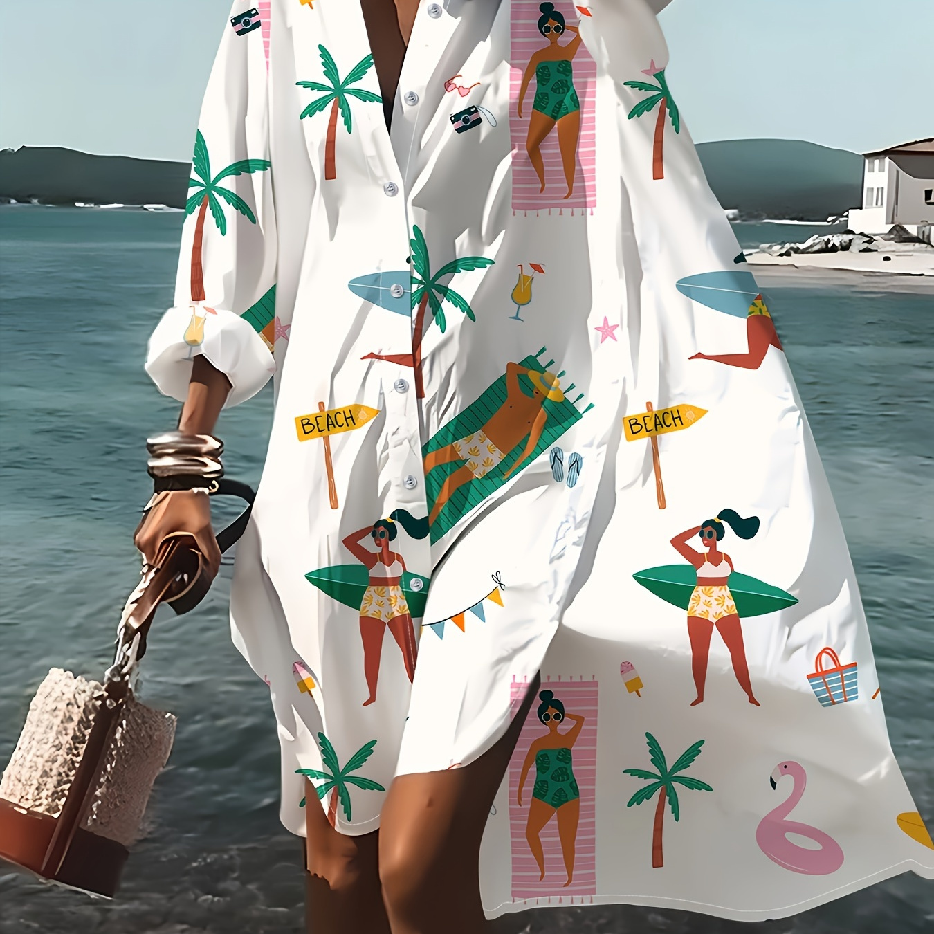 

Vibrant Tropical Print Long Sleeve Shirt For Women - Lightweight Polyester, Button-up With Collar, Surfboard & Beach Scene Design - Ideal For Vacation, Spring/fall Wear