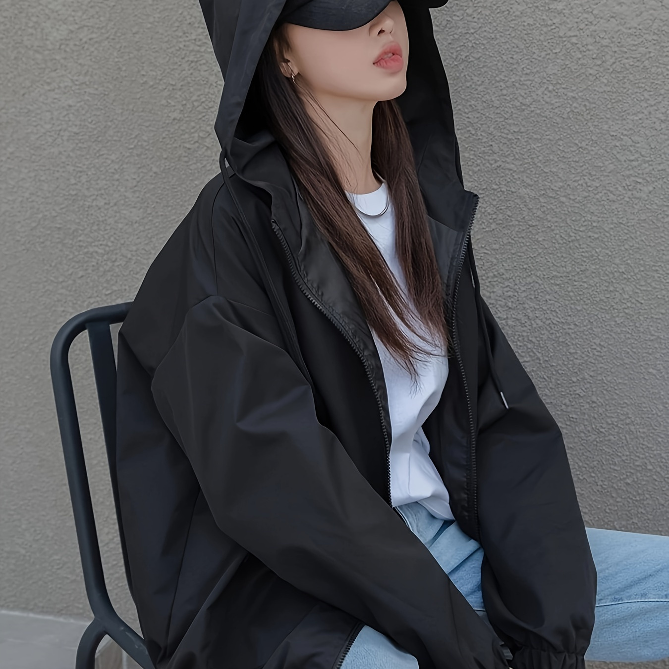 

Solid Color Drawstring Hooded Jacket, Casual Zipped Drop Shoulder Long Sleeve Jacket For Spring & Fall, Women's Clothing