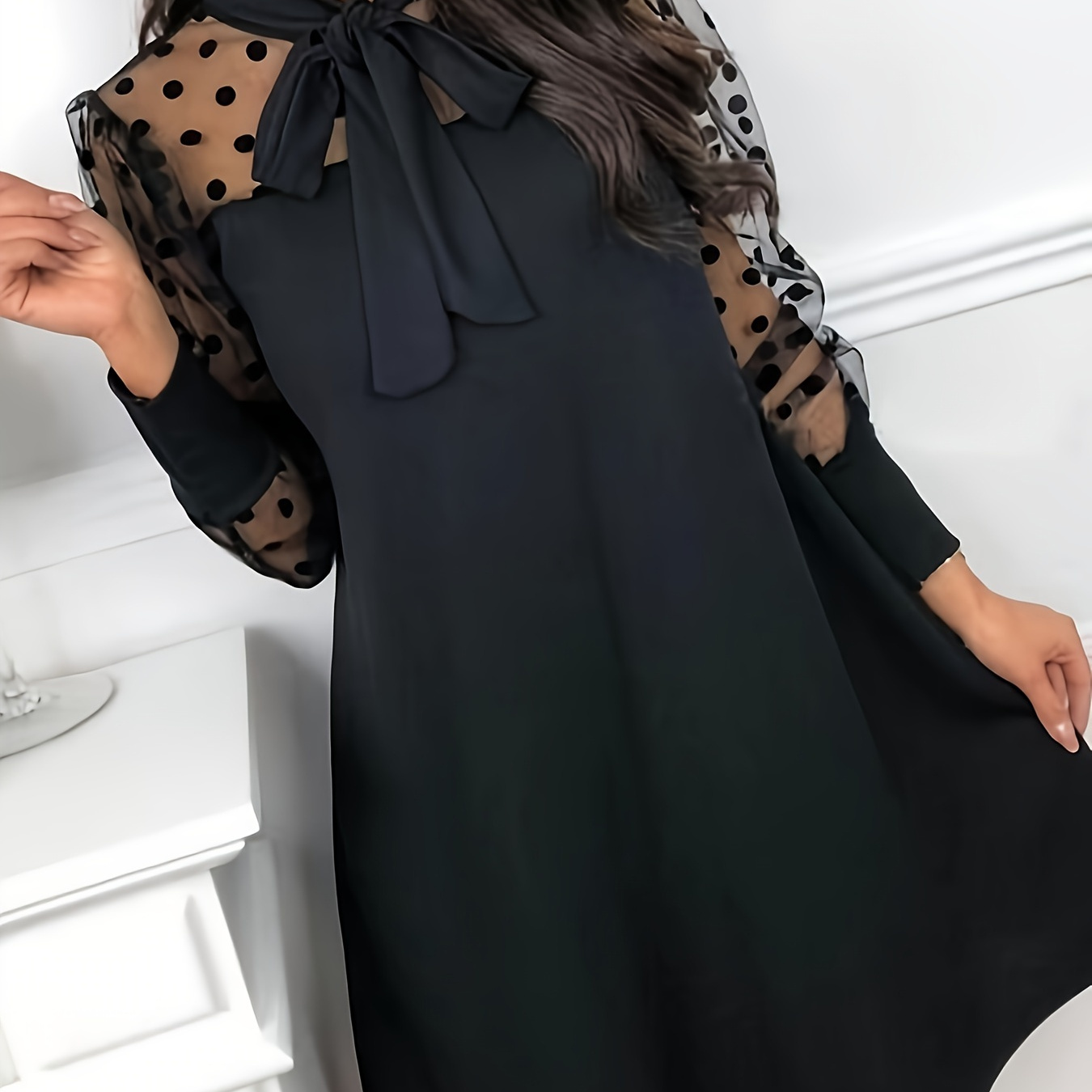 

Polka-dot Print Mesh Panel Dress, Casual Tie-neck Lantern Sleeve Loose Dress, Women's Clothing