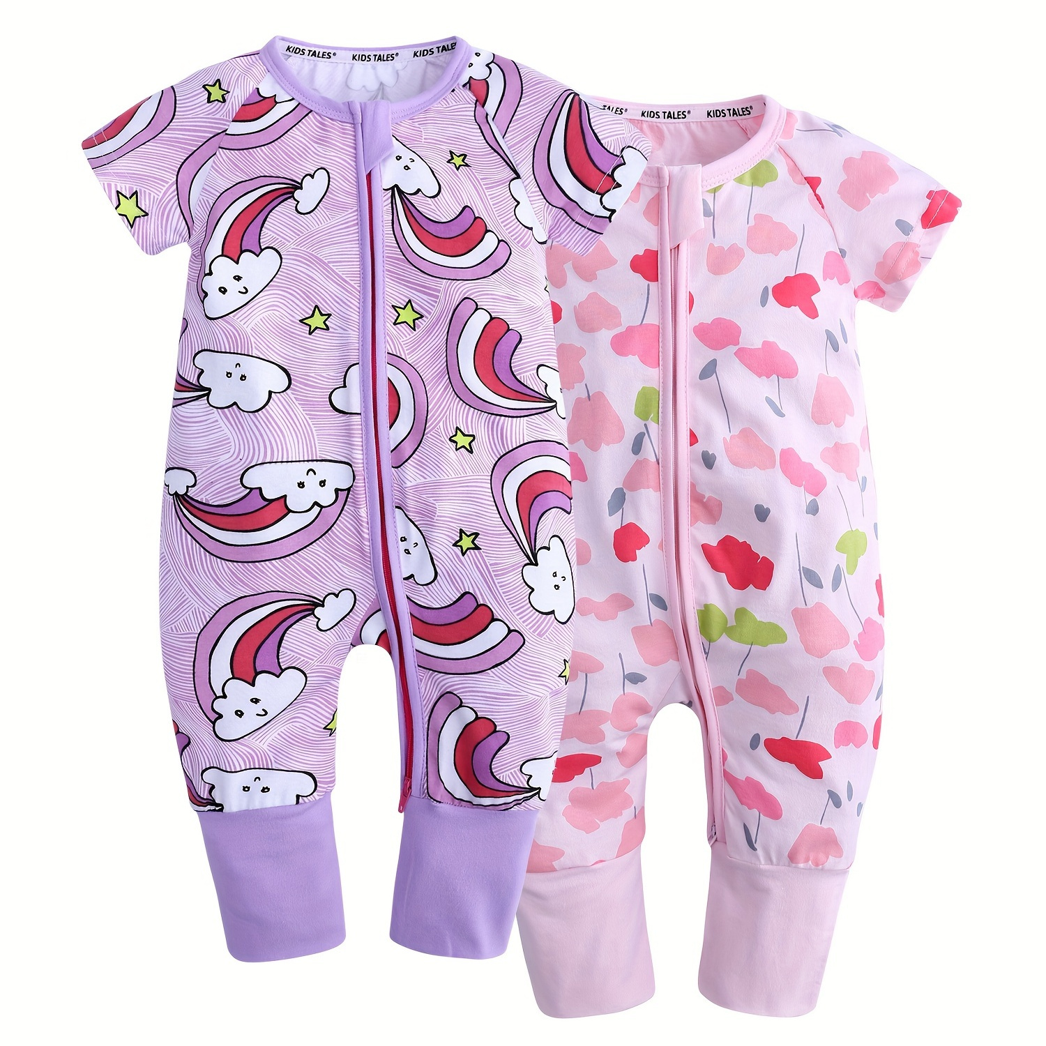 

2-pack Baby Infant Zipper Romper Toddler Boys Girls Short Sleeve Cotton Playsuit Flower Printed 2 Way Zip Bodysuit
