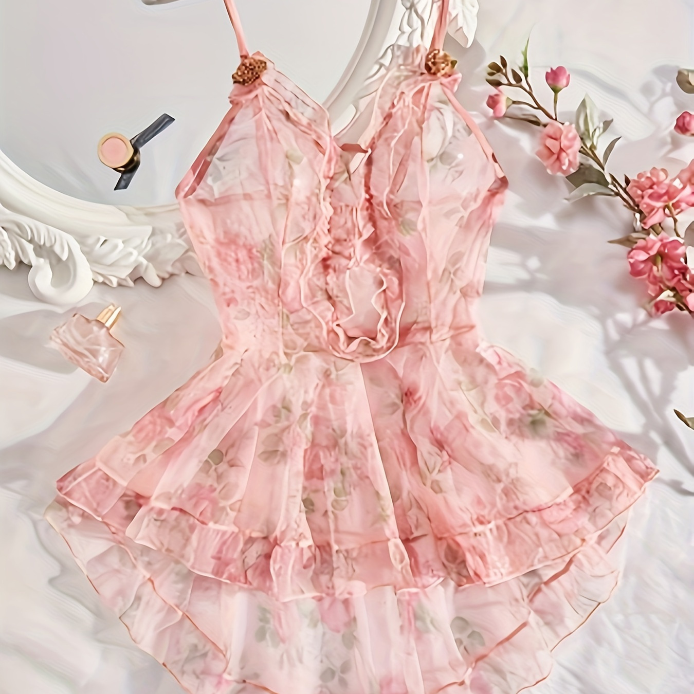 

Plus Size Naughty Lingerie Dress, Women's Floral Print Ruffle Trim Semi Sheer Babydoll Dress