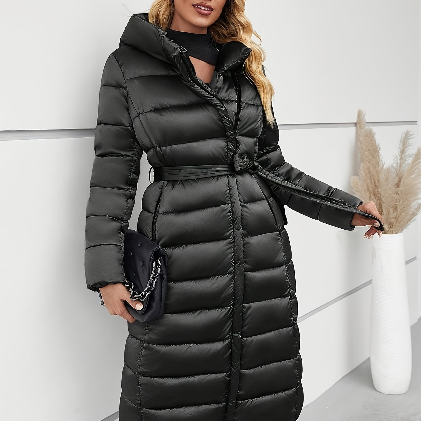 women's elegant long puffer coat solid color regular sleeve