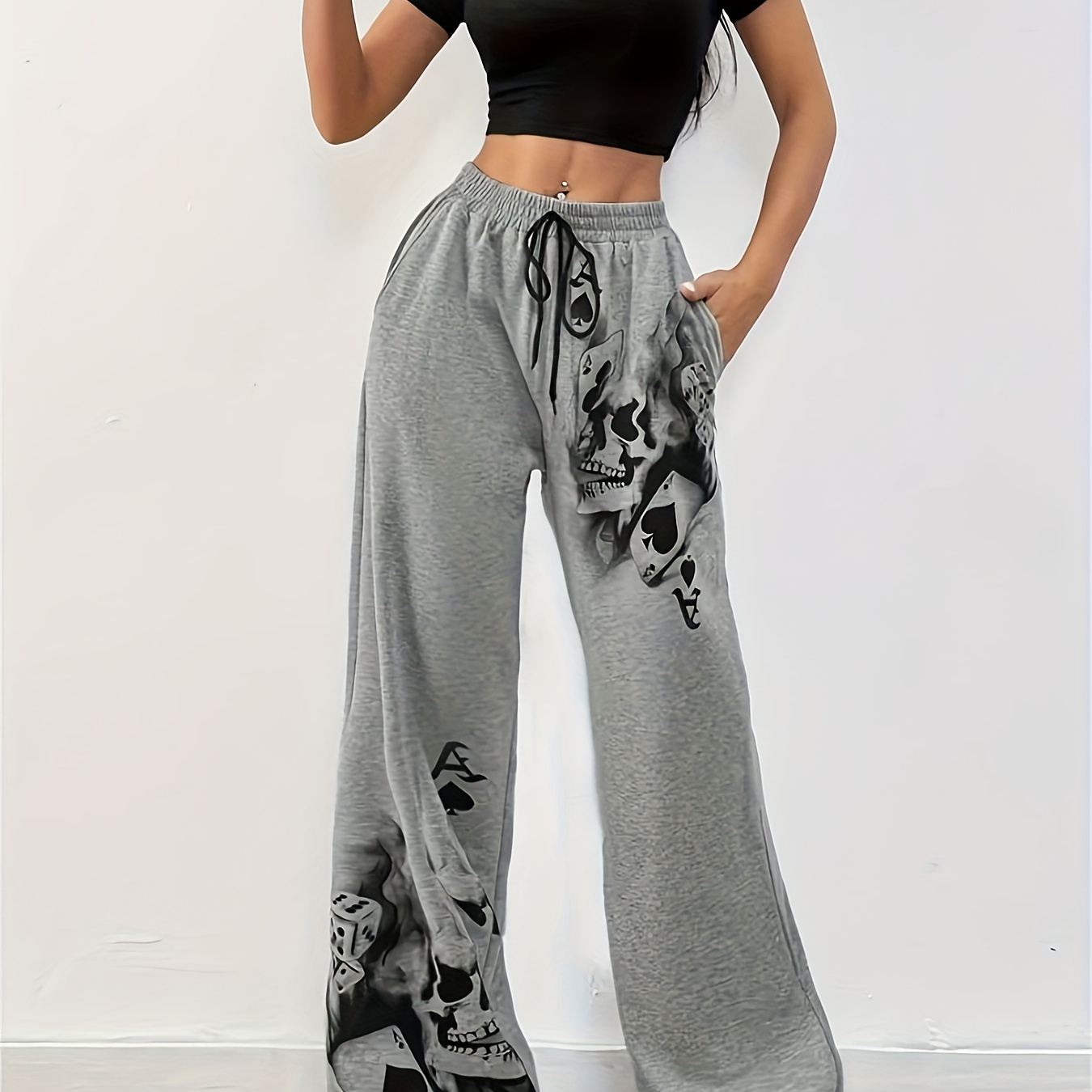 

Women's Casual Sports Pants With Skull Drawing Design - Polyester Knit Fabric, Wear, Drawstring Waistband, Adult Sizes